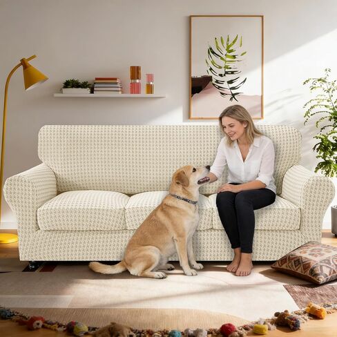 MAXIJIN 4 Pieces Stretch Couch Covers for 3 Cushion Sofa Pet Friendly Couch Cover for Dogs Washable Sofa Slipcovers Thick Soft Furniture Protector with Non Slip Strap (Beige, 71"-91") in Saudi Arabia