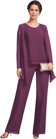 3 Pieces Mother of The Bride Pant Suits with Jackets Chiffon Long Sleeve Formal Outfit for Women Dressy KW008 in Saudi Arabia