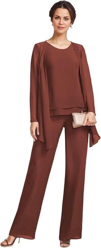 3 Pieces Mother of The Bride Pant Suits with Jackets Chiffon Long Sleeve Formal Outfit for Women Dressy KW008 in Saudi Arabia