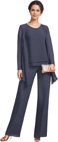 3 Pieces Mother of The Bride Pant Suits with Jackets Chiffon Long Sleeve Formal Outfit for Women Dressy KW008 in Saudi Arabia