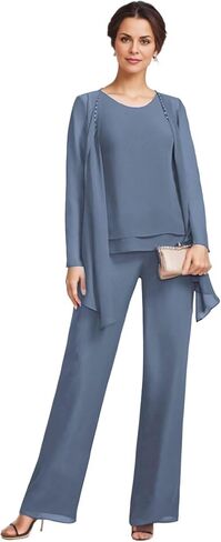 3 Pieces Mother of The Bride Pant Suits with Jackets Chiffon Long Sleeve Formal Outfit for Women Dressy KW008 in Saudi Arabia