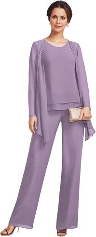3 Pieces Mother of The Bride Pant Suits with Jackets Chiffon Long Sleeve Formal Outfit for Women Dressy KW008 in Saudi Arabia