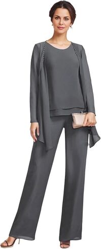 3 Pieces Mother of The Bride Pant Suits with Jackets Chiffon Long Sleeve Formal Outfit for Women Dressy KW008 in Saudi Arabia
