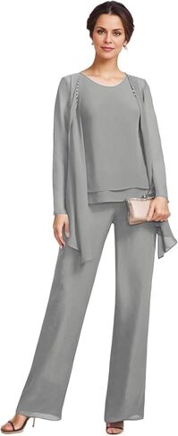 3 Pieces Mother of The Bride Pant Suits with Jackets Chiffon Long Sleeve Formal Outfit for Women Dressy KW008 in Saudi Arabia