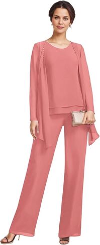 3 Pieces Mother of The Bride Pant Suits with Jackets Chiffon Long Sleeve Formal Outfit for Women Dressy KW008 in Saudi Arabia