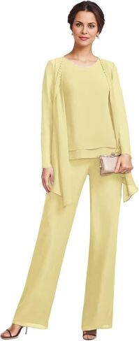3 Pieces Mother of The Bride Pant Suits with Jackets Chiffon Long Sleeve Formal Outfit for Women Dressy KW008 in Saudi Arabia