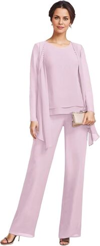3 Pieces Mother of The Bride Pant Suits with Jackets Chiffon Long Sleeve Formal Outfit for Women Dressy KW008 in Saudi Arabia