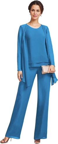 3 Pieces Mother of The Bride Pant Suits with Jackets Chiffon Long Sleeve Formal Outfit for Women Dressy KW008 in Saudi Arabia