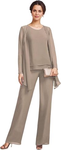 3 Pieces Mother of The Bride Pant Suits with Jackets Chiffon Long Sleeve Formal Outfit for Women Dressy KW008 in Saudi Arabia