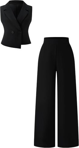 Women's 2 Piece Business Casual Outfits Double Breasted Collared Blazer Vest and Wide Leg Pants Set in Kuwait