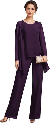 3 Pieces Mother of The Bride Pant Suits with Jackets Chiffon Long Sleeve Formal Outfit for Women Dressy KW008 in Saudi Arabia
