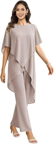 2 Pieces Mother of the Bride Pant Suits for Wedding Women Scoop Neck Chiffon Formal Pantsuits with Sleeves in Kuwait