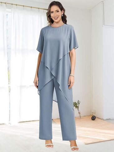 2 Pieces Mother of the Bride Pant Suits for Wedding Women Scoop Neck Chiffon Formal Pantsuits with Sleeves in Kuwait