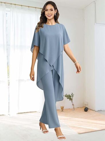 2 Pieces Mother of the Bride Pant Suits for Wedding Women Scoop Neck Chiffon Formal Pantsuits with Sleeves in Kuwait