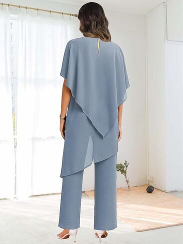 2 Pieces Mother of the Bride Pant Suits for Wedding Women Scoop Neck Chiffon Formal Pantsuits with Sleeves in Kuwait