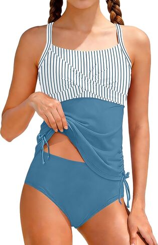 Girls Swimsuit Adjustable Straps Two Piece Tankini Set Criss Cross Ruched Drawstring Teen Bathing Suits for Girls 9-16Y in Saudi Arabia