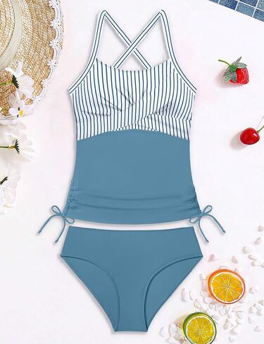 Girls Swimsuit Adjustable Straps Two Piece Tankini Set Criss Cross Ruched Drawstring Teen Bathing Suits for Girls 9-16Y in Saudi Arabia