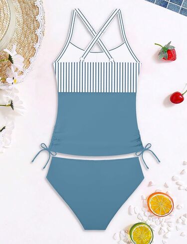Girls Swimsuit Adjustable Straps Two Piece Tankini Set Criss Cross Ruched Drawstring Teen Bathing Suits for Girls 9-16Y in Saudi Arabia
