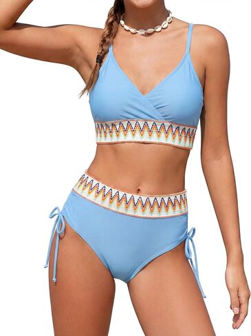 Girls Swimsuit V Neck Bikini Set Color Block 2 Piece Bathing Suit with Chest Pad Adjustable Straps Swimwear 7-16Y in Saudi Arabia