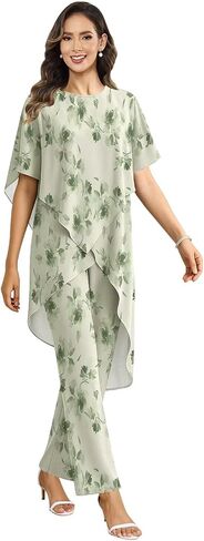 2 Pieces Mother of the Bride Pant Suits for Wedding Women Scoop Neck Chiffon Formal Pantsuits with Sleeves in Kuwait