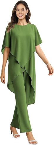 2 Pieces Mother of the Bride Pant Suits for Wedding Women Scoop Neck Chiffon Formal Pantsuits with Sleeves in Kuwait