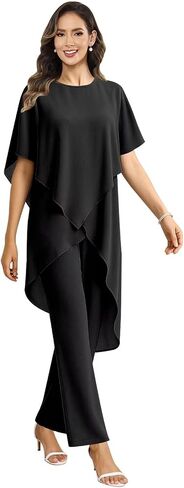 2 Pieces Mother of the Bride Pant Suits for Wedding Women Scoop Neck Chiffon Formal Pantsuits with Sleeves in Kuwait
