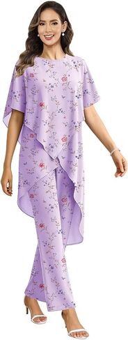 2 Pieces Mother of the Bride Pant Suits for Wedding Women Scoop Neck Chiffon Formal Pantsuits with Sleeves in Kuwait