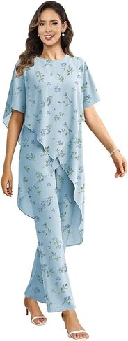 2 Pieces Mother of the Bride Pant Suits for Wedding Women Scoop Neck Chiffon Formal Pantsuits with Sleeves in Kuwait