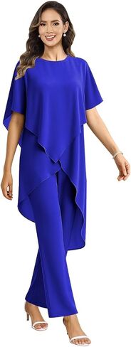 2 Pieces Mother of the Bride Pant Suits for Wedding Women Scoop Neck Chiffon Formal Pantsuits with Sleeves in Kuwait