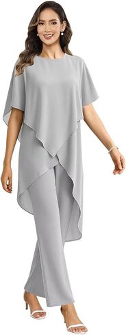 2 Pieces Mother of the Bride Pant Suits for Wedding Women Scoop Neck Chiffon Formal Pantsuits with Sleeves in Kuwait