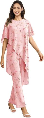 2 Pieces Mother of the Bride Pant Suits for Wedding Women Scoop Neck Chiffon Formal Pantsuits with Sleeves in Kuwait
