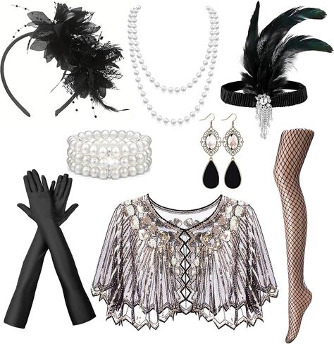 RIOSO 1920s Flapper Accessories for Women Great Gatsby Roaring 20s Costumes Outfit Accessory Set with Shawl Feather Headband Pearl Necklace Earrings Gloves Womens Flapper Costume in Saudi Arabia
