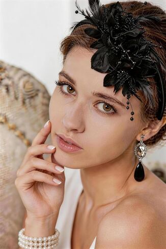 RIOSO 1920s Flapper Accessories for Women Great Gatsby Roaring 20s Costumes Outfit Accessory Set with Shawl Feather Headband Pearl Necklace Earrings Gloves Womens Flapper Costume in Saudi Arabia