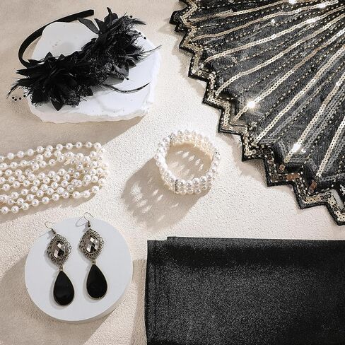 RIOSO 1920s Flapper Accessories for Women Great Gatsby Roaring 20s Costumes Outfit Accessory Set with Shawl Feather Headband Pearl Necklace Earrings Gloves Womens Flapper Costume in Saudi Arabia