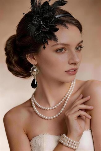 RIOSO 1920s Flapper Accessories for Women Great Gatsby Roaring 20s Costumes Outfit Accessory Set with Shawl Feather Headband Pearl Necklace Earrings Gloves Womens Flapper Costume in Saudi Arabia