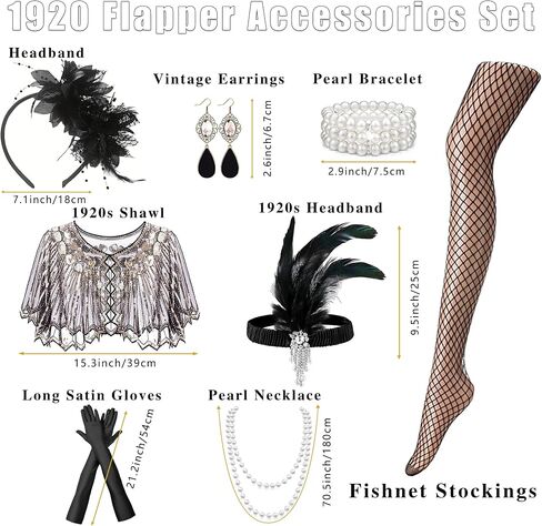 RIOSO 1920s Flapper Accessories for Women Great Gatsby Roaring 20s Costumes Outfit Accessory Set with Shawl Feather Headband Pearl Necklace Earrings Gloves Womens Flapper Costume in Saudi Arabia