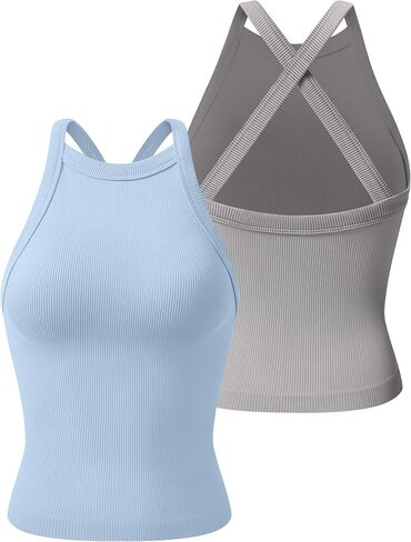 Relety Womens 2 Pack Tank Tops High Neck Backless Wide Cross Straps Seamless Ribbed Going Out Y2k Gym Yoga Workout Top in Saudi Arabia