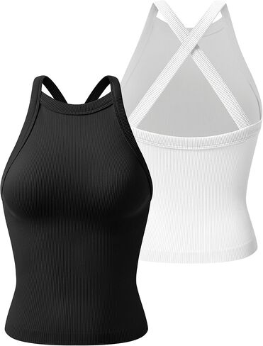 Relety Womens 2 Pack Tank Tops High Neck Backless Wide Cross Straps Seamless Ribbed Going Out Y2k Gym Yoga Workout Top in Kuwait