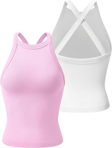 Relety Womens 2 Pack Tank Tops High Neck Backless Wide Cross Straps Seamless Ribbed Going Out Y2k Gym Yoga Workout Top in Kuwait