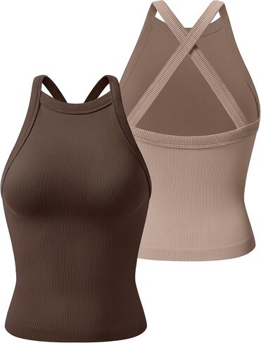 Relety Womens 2 Pack Tank Tops High Neck Backless Wide Cross Straps Seamless Ribbed Going Out Y2k Gym Yoga Workout Top in Kuwait