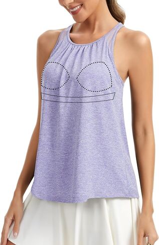 SLIMBELLE Yoga Tank Tops for Women Built in Bra Racerback Halter Neck Sleeveless Shirt Gym Workout Athletic Loose Fit Cami in Saudi Arabia