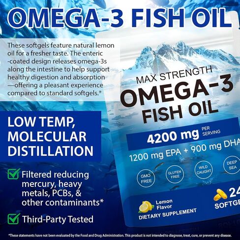 Omega 3 Fish Oil Supplements,4200mg Per Serving| EPA 1200mg + DHA 900mg | Lemon Flavored | 240 Softgels |Non-GMO, Gluten-Free, No Aftertaste in Saudi Arabia