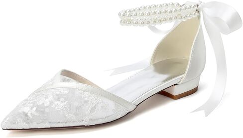 Lace Wedding Flats for Bride Pointed Toe Pearl Bridal Shoes Flat Wedding Shoes for Bride in Saudi Arabia