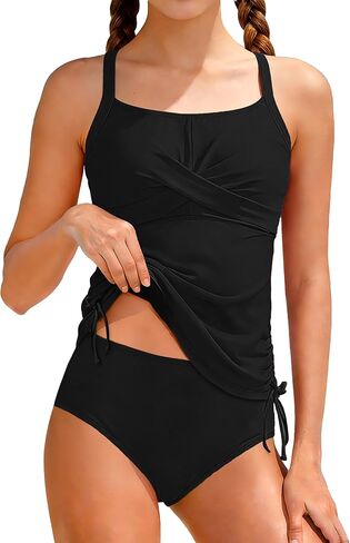 Girls Swimsuit Adjustable Straps Two Piece Tankini Set Criss Cross Ruched Drawstring Teen Bathing Suits for Girls 9-16Y in Saudi Arabia
