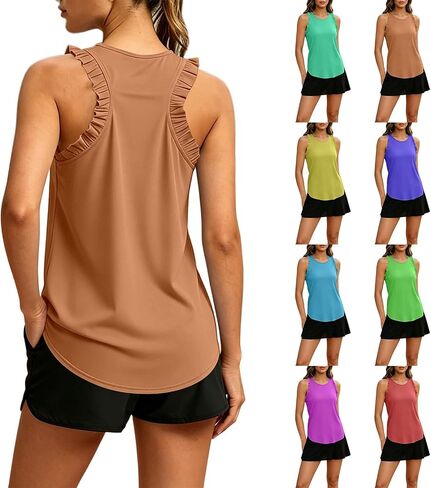 المرأة تجريب تانك القمم كشكش Racerback رياضي اليوغا القمم فضفاضة تناسب أكمام الجري رياضة قمصان رياضية للفتيات in Kuwait