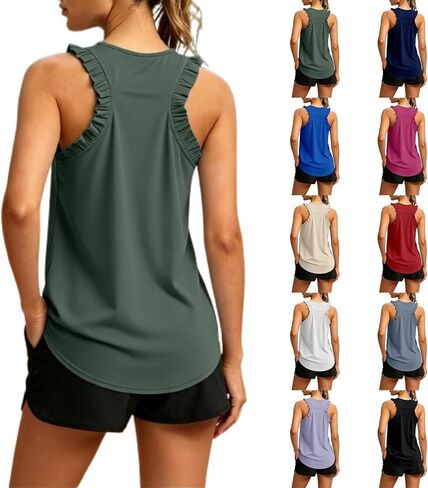 المرأة تجريب تانك القمم كشكش Racerback رياضي اليوغا القمم فضفاضة تناسب أكمام الجري رياضة قمصان رياضية للفتيات in Kuwait
