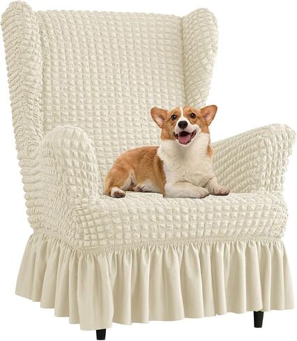Stretch Seersucker Wingback Chair Slipcover, Universal Bubble Wing Chair Slipcovers with Skirt, Living Room High Back Chair Covers Set with Ottoman Cover, Easy Fit Washable Slip Covers for Armchairs(P in Saudi Arabia
