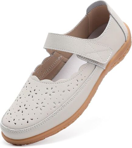 Women's Mary Jane Shoes - Breathable Floral Cutout Flats with Hook and Loop Strap, Comfortable Round Toe Soft Sole Casual Business Work Office Dress Shoes in Saudi Arabia
