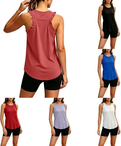 Sleeveless Athletic Tank Tops for Women Trendy Summer Ruffle Racerback Tops Crewneck Casual Loose Running Gym Tee in Saudi Arabia