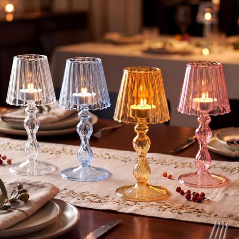 Mumufy 4 Pcs Desk Lamp Shaped Glass Candle Holder Glass Hurricane Candleholders Crystal Tealight Candle Stand Table Centerpiece for Wedding Dinning Party Supplies Festival Home Decor(Multicolor) in Kuwait